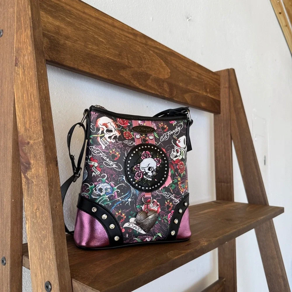 Ed Hardy Skull Roses‎ Tattoo Crossbody Bag Studded Y2K Purse NWT Metallic Pink